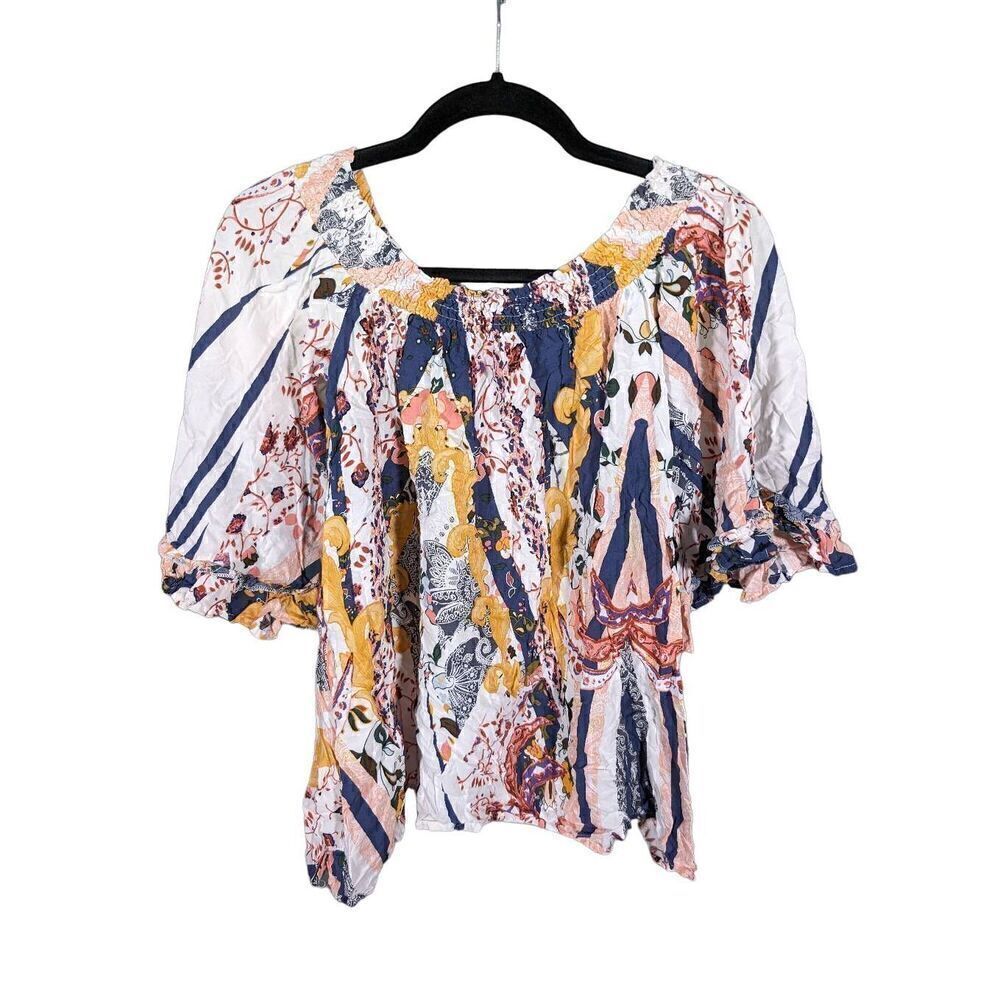 Jaase Boho Blouse with Shirred Neckline and Flare Short Sleeve Size Small